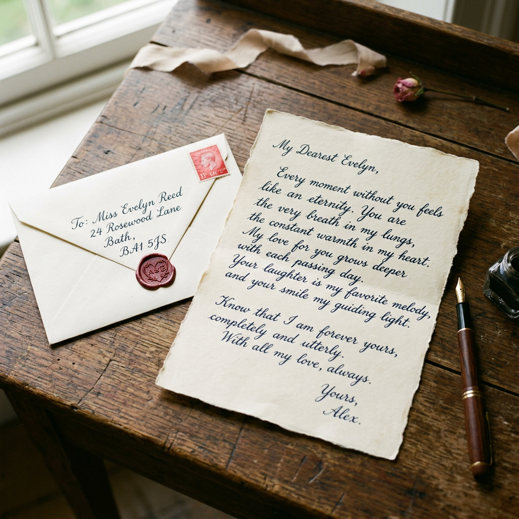 Handwritten love letter and sealed envelope addressed to Miss Evelyn Reed